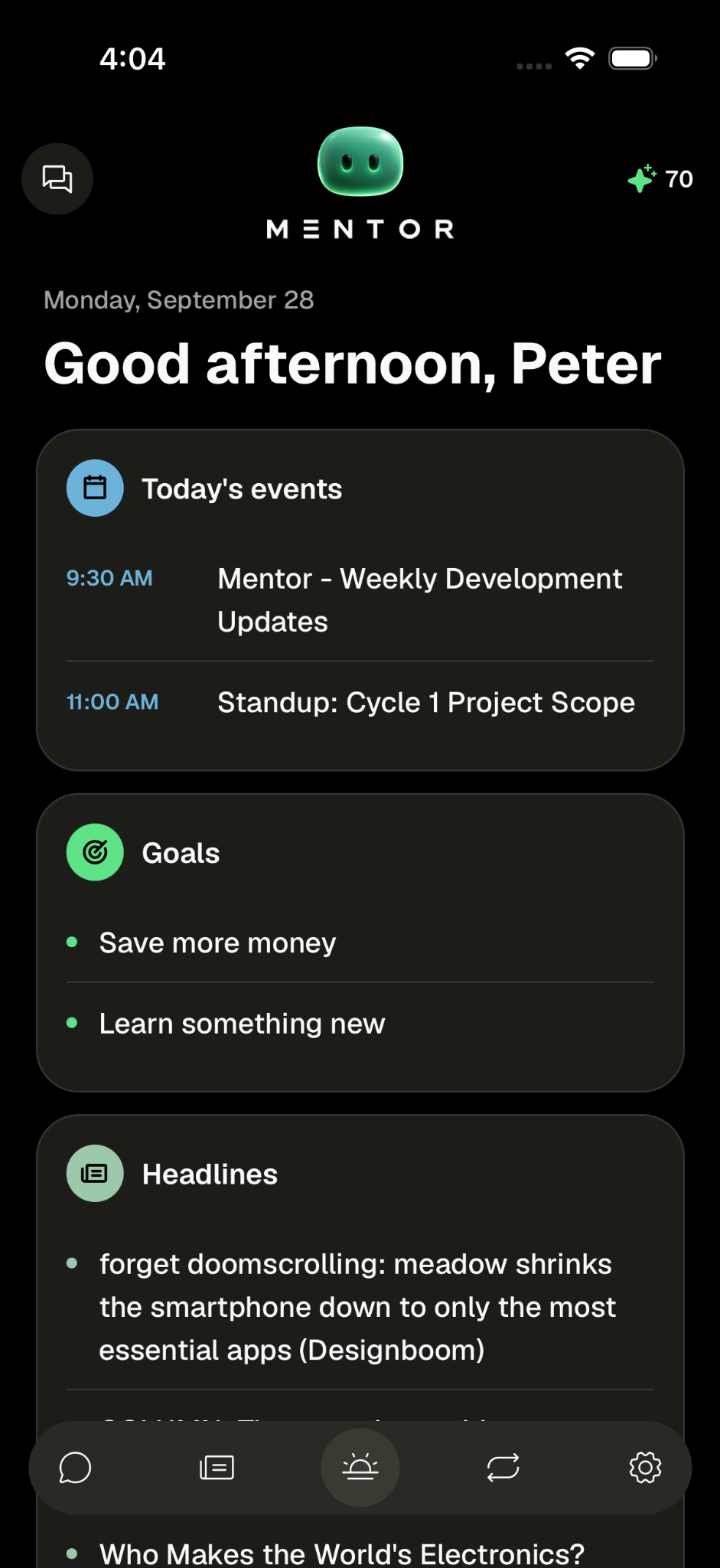 Mentor's home screen: today's events, goals, and headlines.