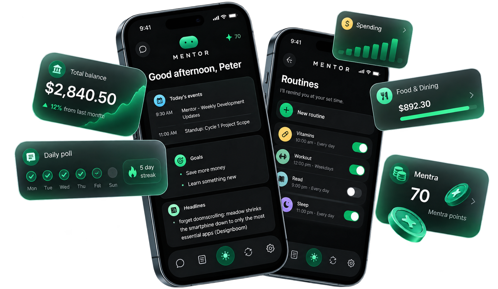 Mentor on two iPhones: today's events and goals on the home screen, routines with reminders, and cards for balance, a daily poll streak, spending, dining, and Mentra points.