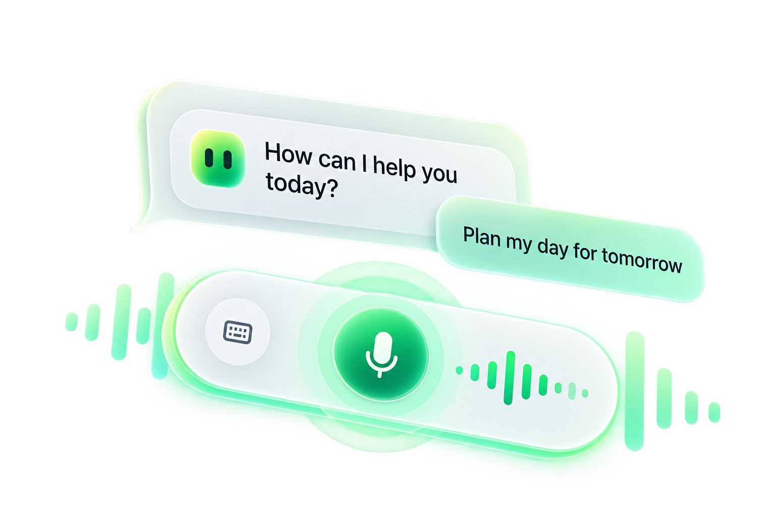 Mentor's chat: How can I help you today, a reply to plan tomorrow, and a hold-to-talk bar with a keyboard and microphone.